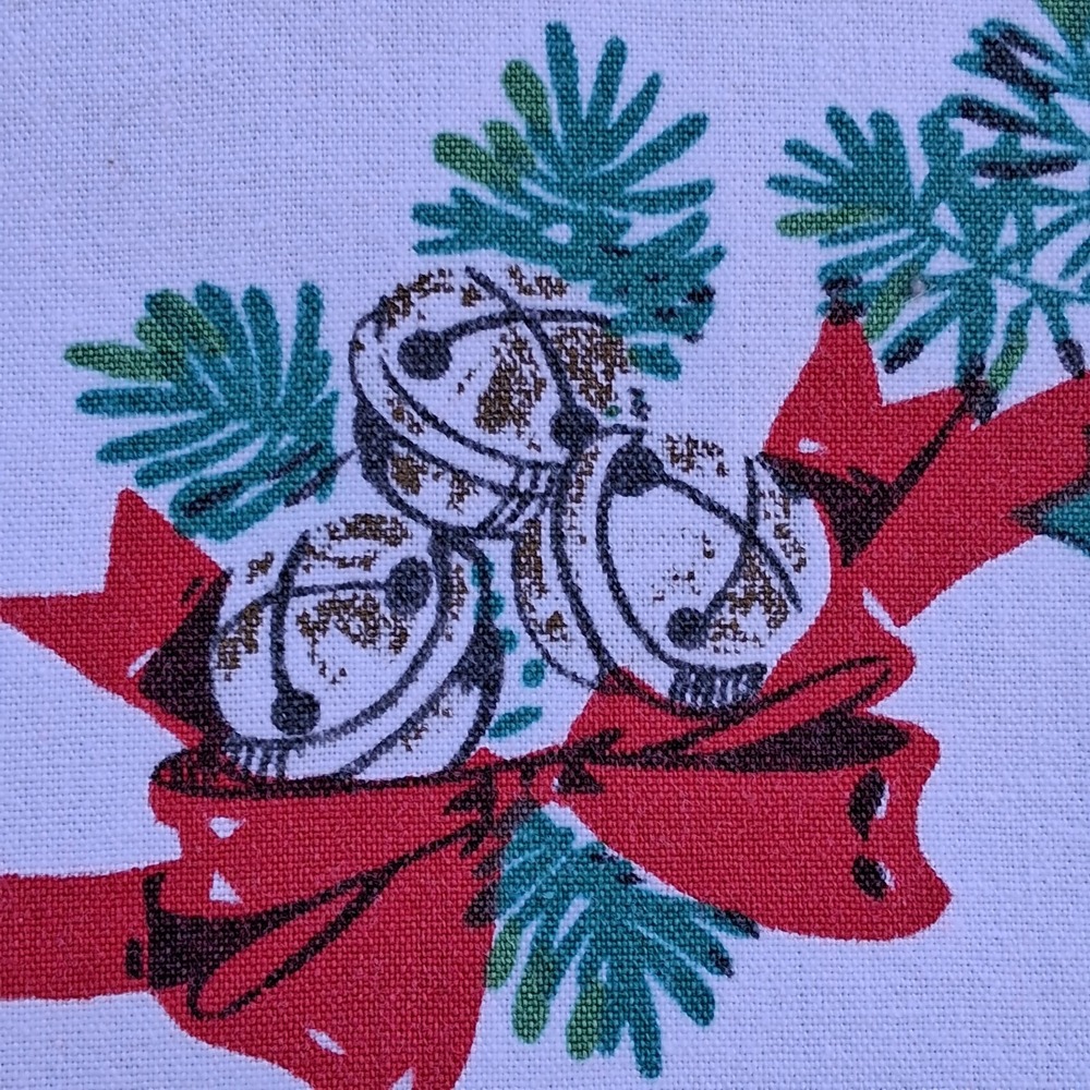 Vintage Mid Century Poinsettia Jingle Bell Cotton Tablecloth Retro Holiday 48x56 - Picture 5 of 9